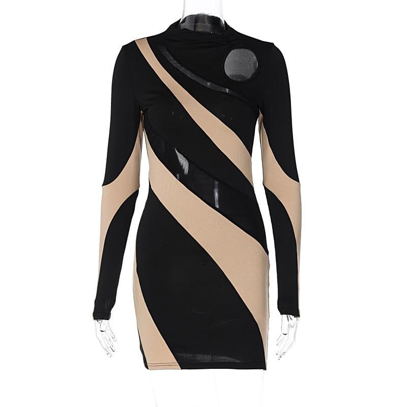 Long sleeve mesh contrast patchwork hollow out mini dress - View 2