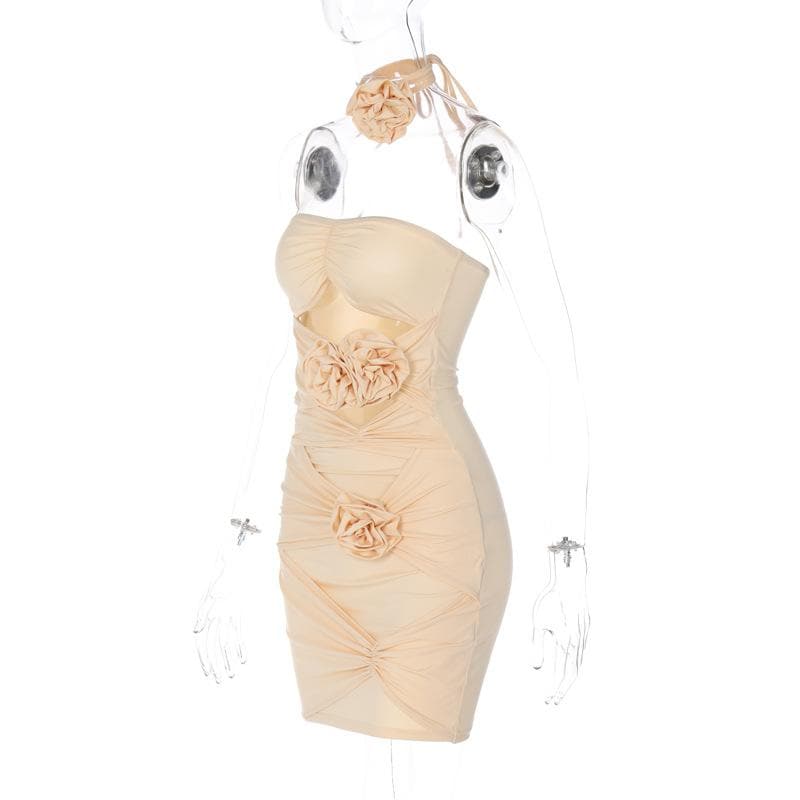 Halter Ruched Flower Applique Bodycon Mini Dress - View 7