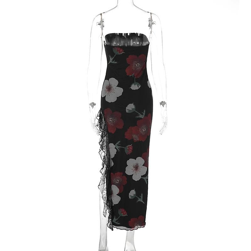Floral Print Strapless High Split Ruffle Lace Trim Maxi Dress - View 4