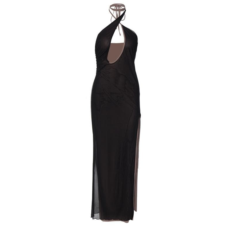 Slit mesh cross front hollow out ruched backless maxi dress - View 2