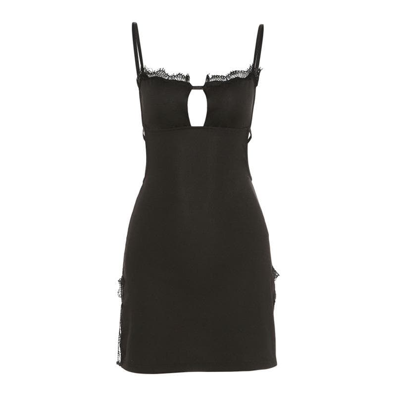 Lace hem solid hollow out backless slit cami mini dress - View 9