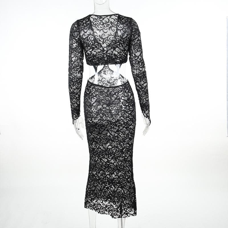Lace gloves long sleeve button hollow out midi dress - View 4