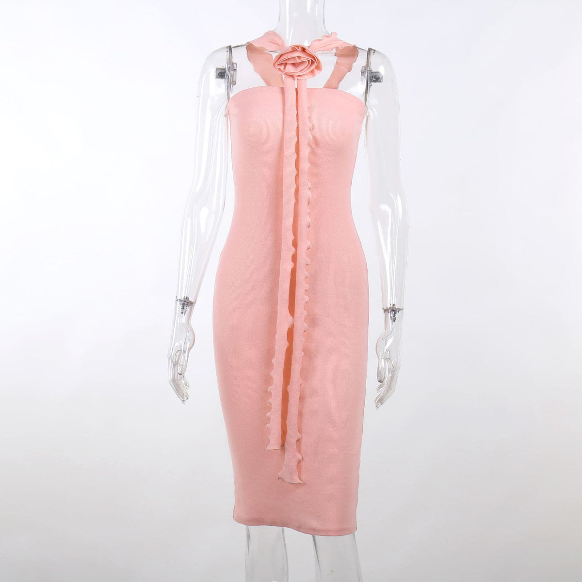 Ribbed Knit Halter Neck Flower Applique Ruffle Bodycon Midi Dress - View 4