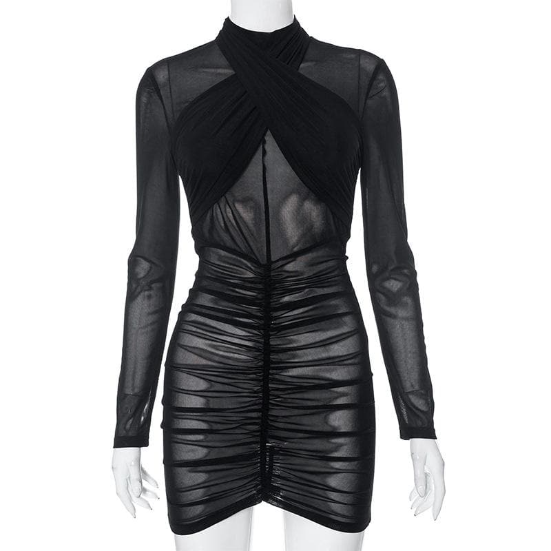 Ruched long sleeve cross front sheer mesh see through mini dress - View 7