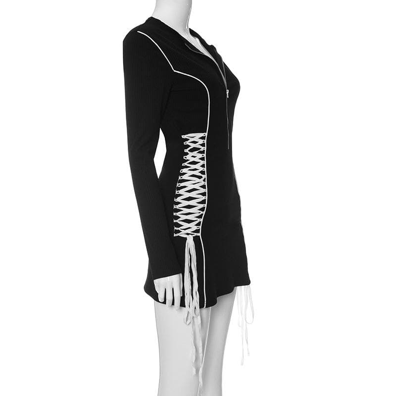 Crewneck long sleeve zip-up lace up contrast mini dress - View 7