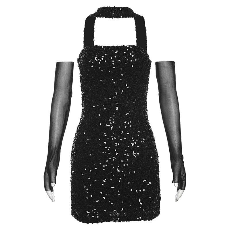 Sequin Mesh Glove Halter Neck Bodycon Mini Dress - View 3