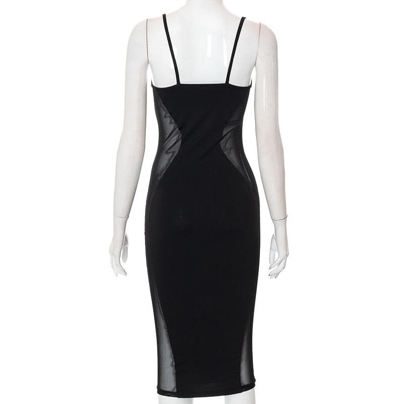 Low Cut Mesh See Through Patchwork Cami midi Dress - View 6