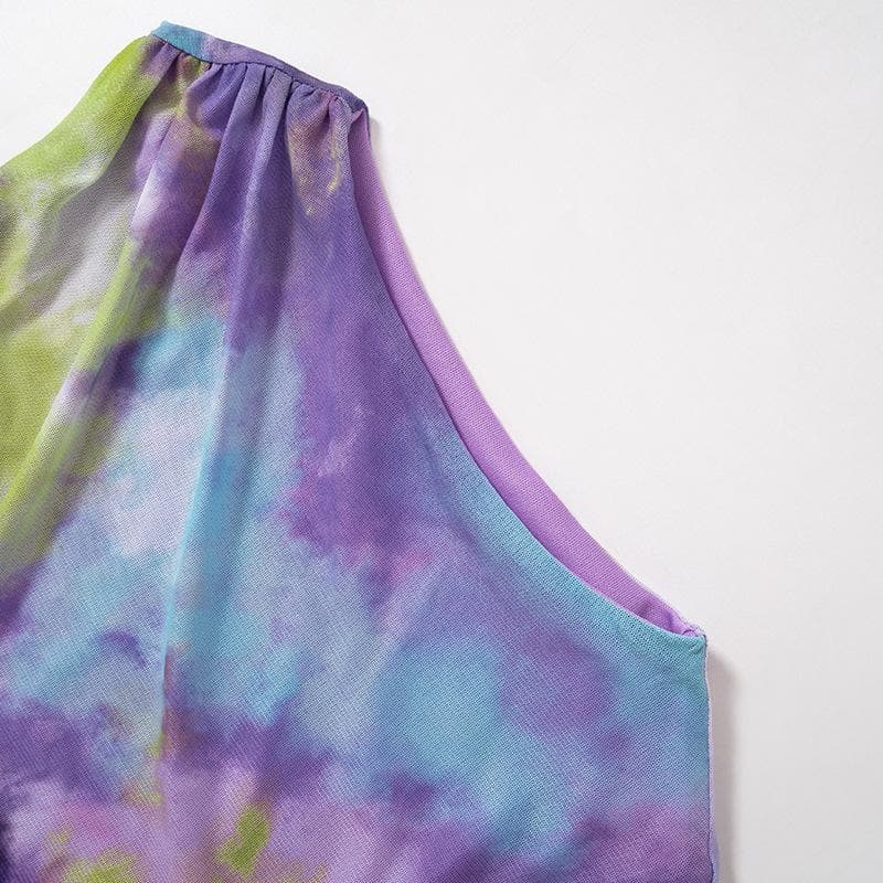 Ruched tie dye sleeveless crewneck mesh mini dress - Final Sale - View 11