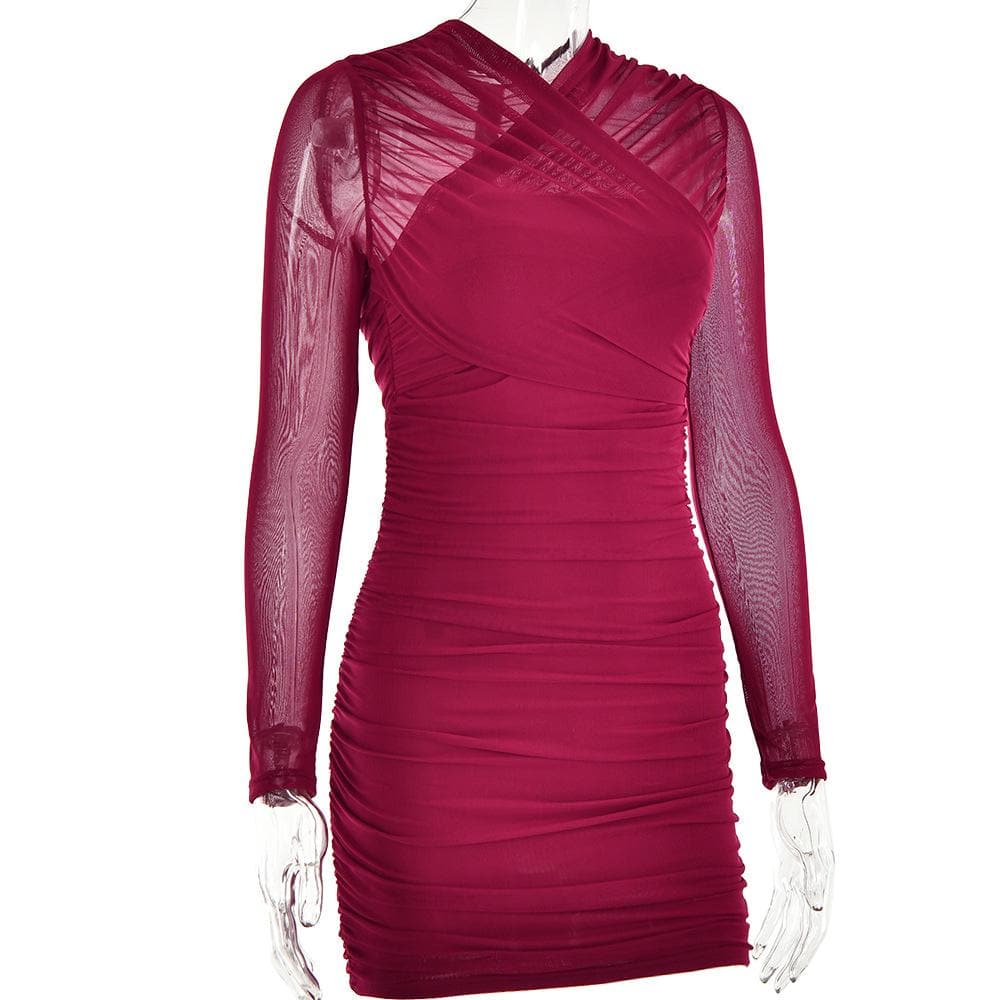 Cross Front Mesh Ruched Long Sleeve Mini Dress - View 4