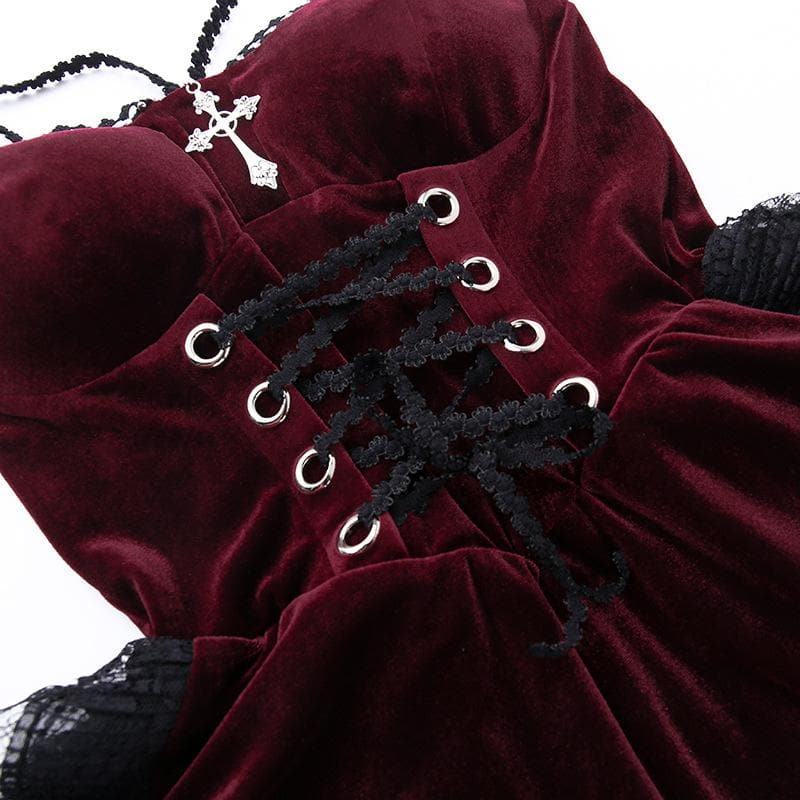 Velvet lace hem ruched lace up backless irregular midi dress - View 8