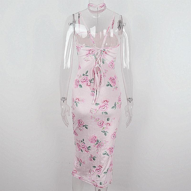 Floral Velvet Square Neck Ruched Bodycon Midi Dress - View 4