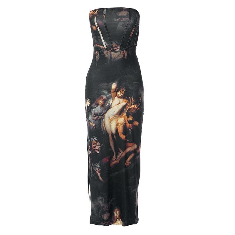 Slit abstract contrast bustier backless tube maxi dress - View 2