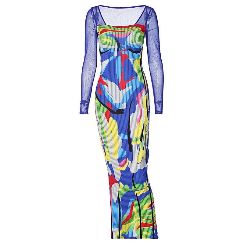 Long sleeve contrast abstract mesh midi dress - View 9
