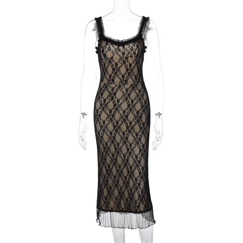 Lace hem contrast sleeveless low cut backless midi dress - View 9