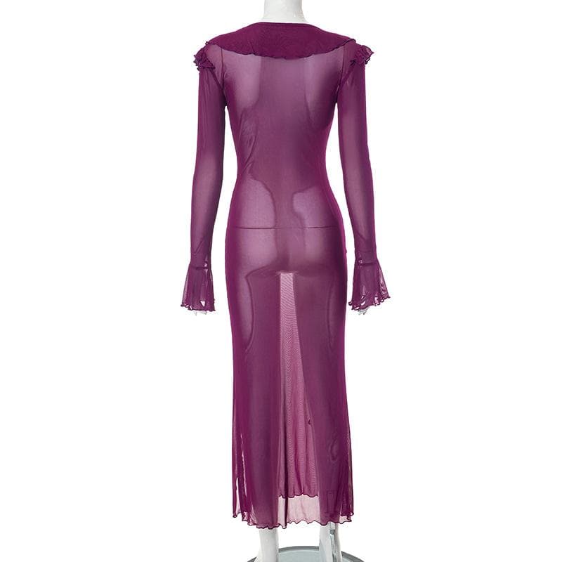 Slit flared sleeve sheer mesh see through u neck low cut maxi dress - View 6