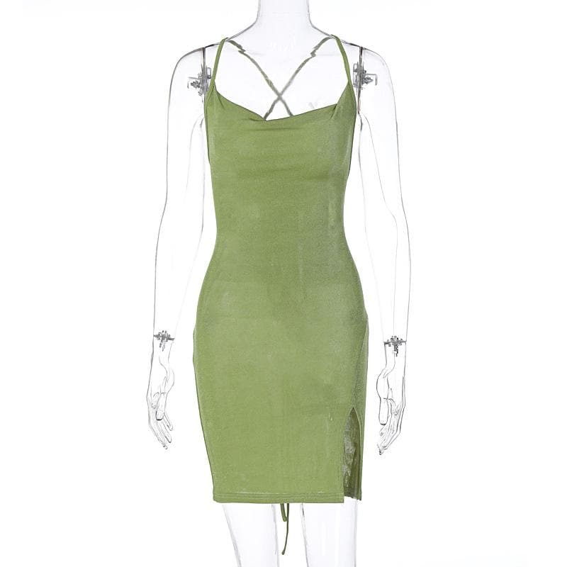 Cowl neck cross back solid slit lace up backless mini dress - View 4