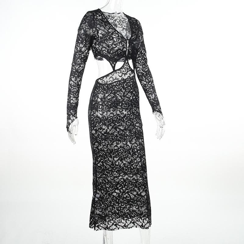 Lace gloves long sleeve button hollow out midi dress - View 3