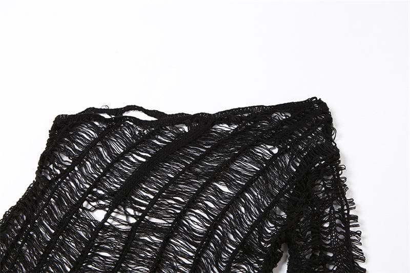 Knitted see through one shoulder long sleeve solid crochet maxi dress - View 4
