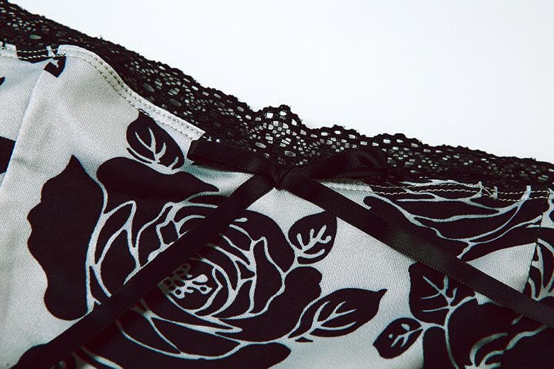 Rose print lace hem contrast spaghetti strap mini dress - View 6