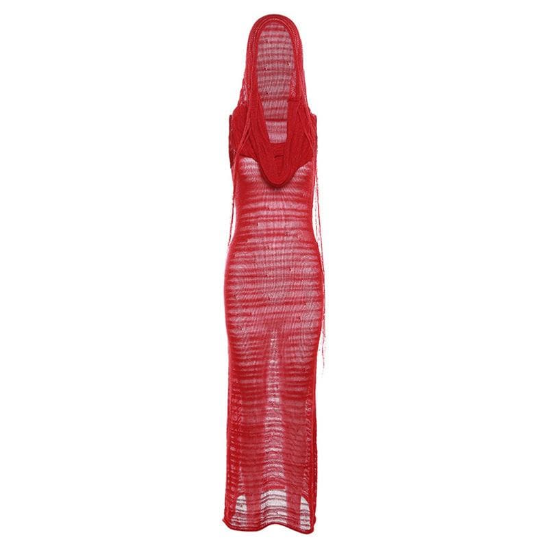 Hooded Sheer Ribbed Knit Sleeveless Bodycon Maxi Dress - View 2