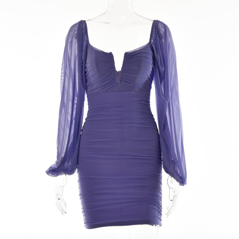 Mesh solid long sleeve ruched notch neck zip-up mini dress - View 15
