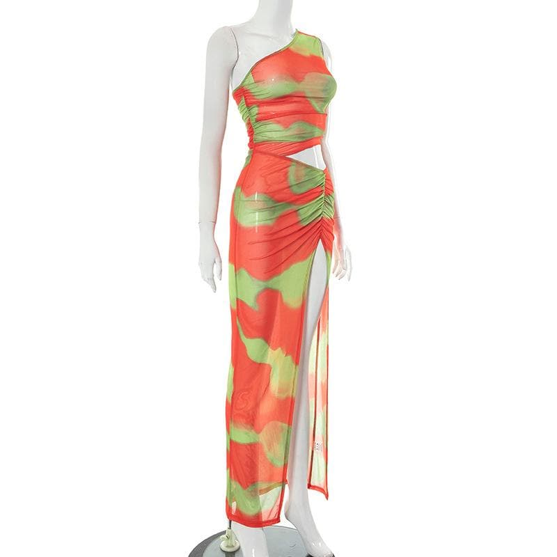 Irregular ruched slit sheer mesh see through tie dye maxi dress - View 3