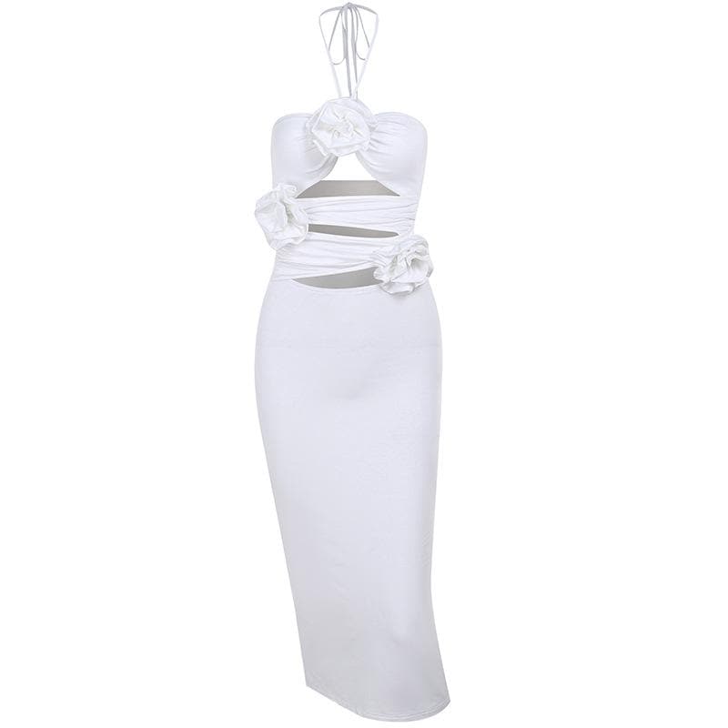 Halter Neck 3D Rose Cut Out Ruched Bodycon Maxi Dress - View 3