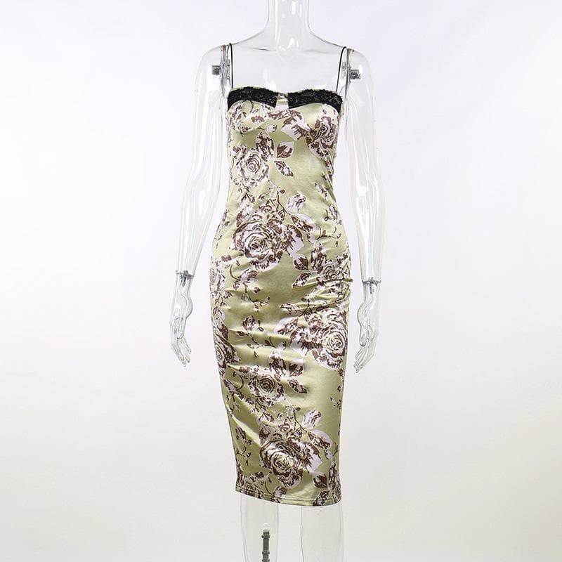 Satin Floral Lace Trim Spaghetti Strap Ruched Bodycon Midi Dress - View 5
