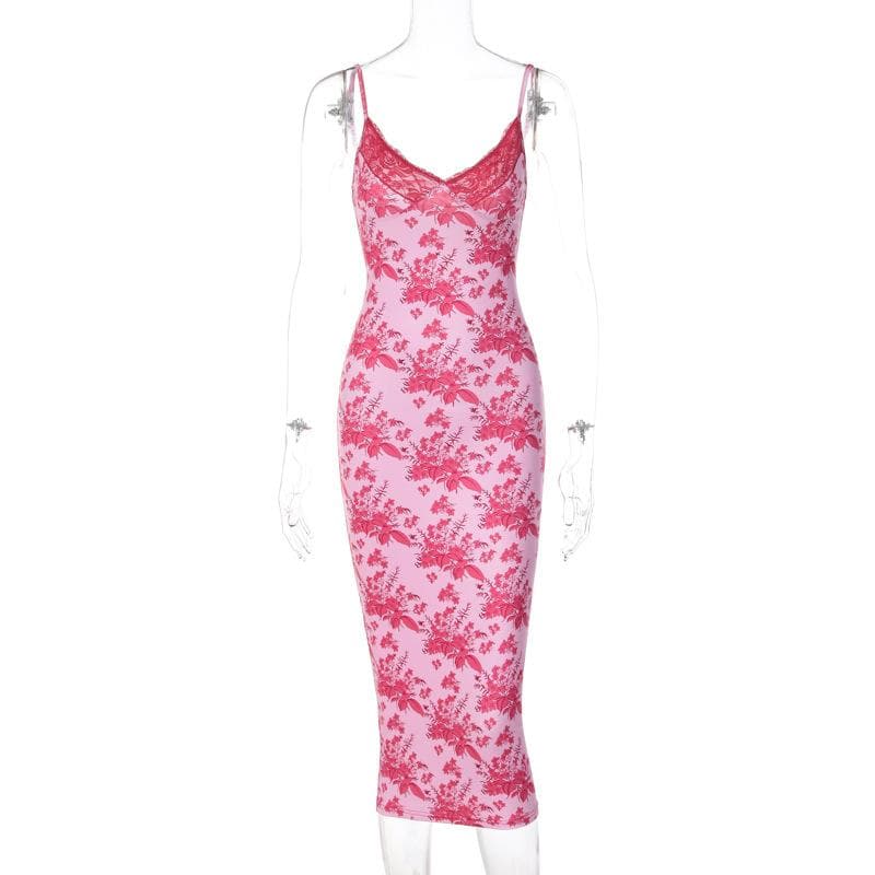 Floral Print Lace Trim V-Neck Spaghetti Strap Bodycon Midi Dress - View 3