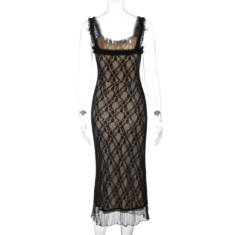 Lace hem contrast sleeveless low cut backless midi dress - View 4