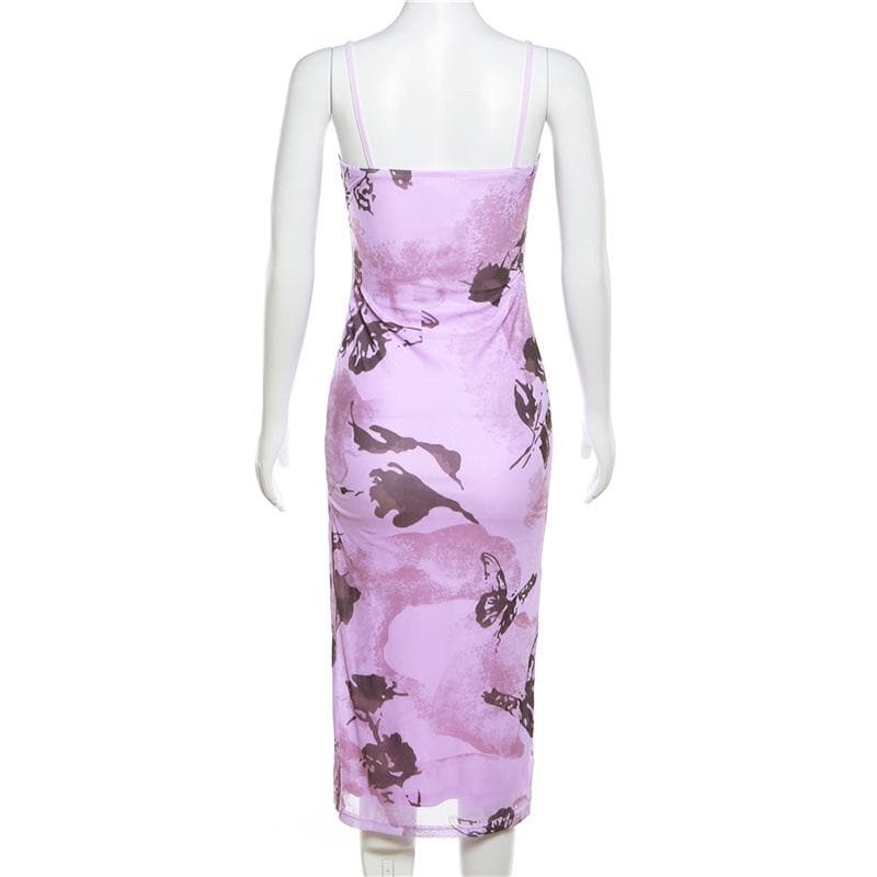 Mesh butterfly pattern slit backless contrast cami midi dress - View 4