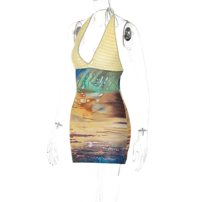 Contrast Print Knit Halter Neck Bodycon Mini Dress - View 3