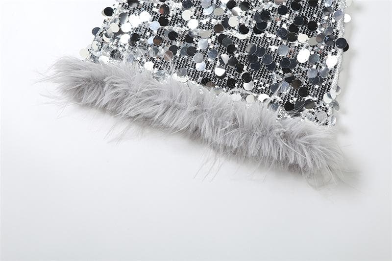 Sequin Halter Neck Fur Trim Bodycon Mini Dress - View 5
