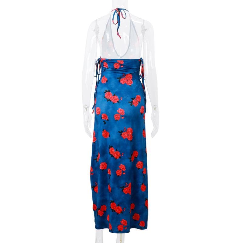Floral Deep V-Neck Lace Up Backless Slip Maxi Dress - View 4