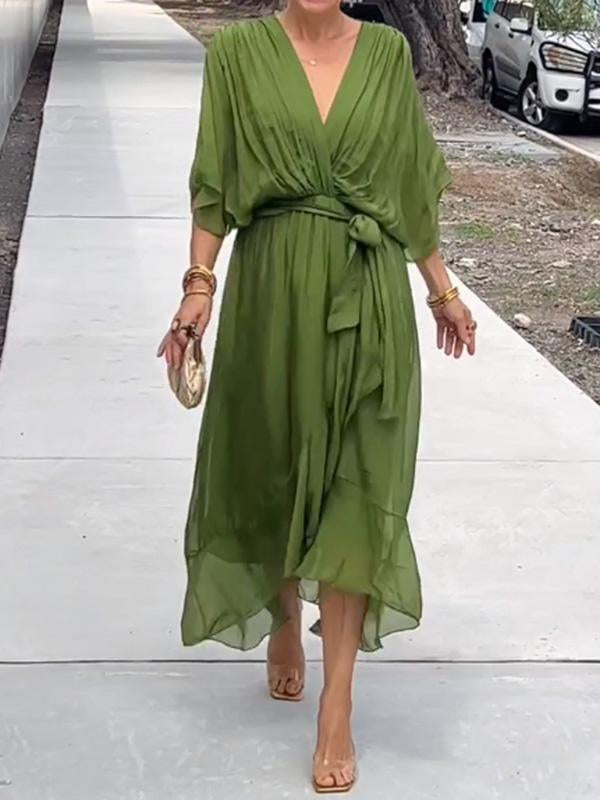 Chiffon Deep V-Neck Batwing Sleeve Tie Waist Ruffle Hem Midi Dress