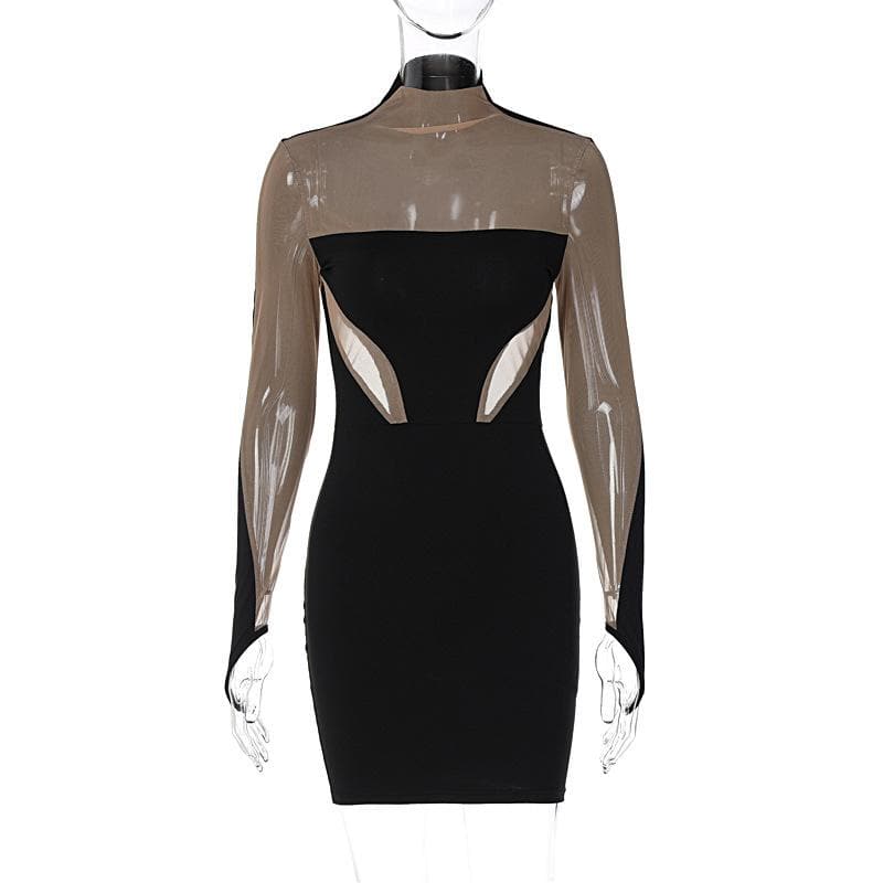 Mesh patchwork contrast gloves high neck mini dress - View 11