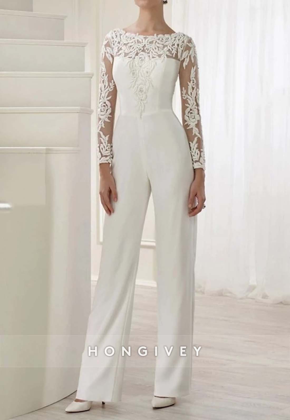Jumpsuit Detachable Lace Long Sleeve Pleated Wedding Dresses