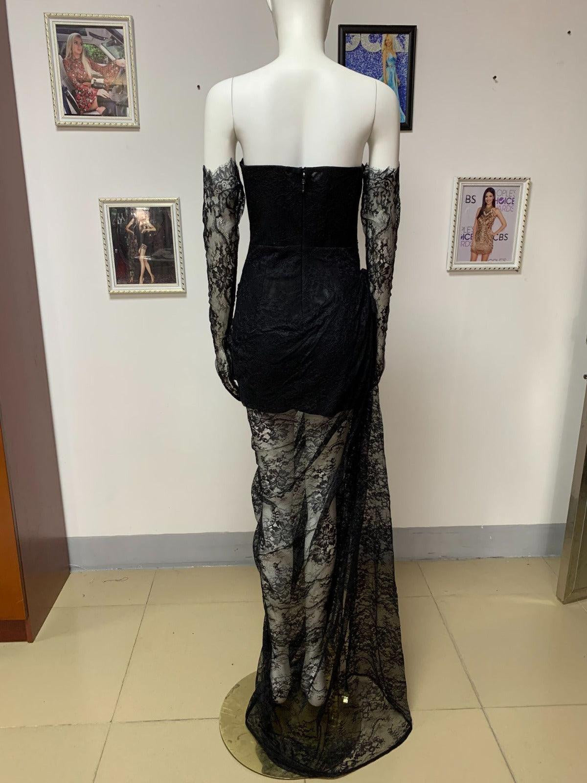 Julie Black Lace corset High Slit maxi Dress With Gloves - Fashionpara