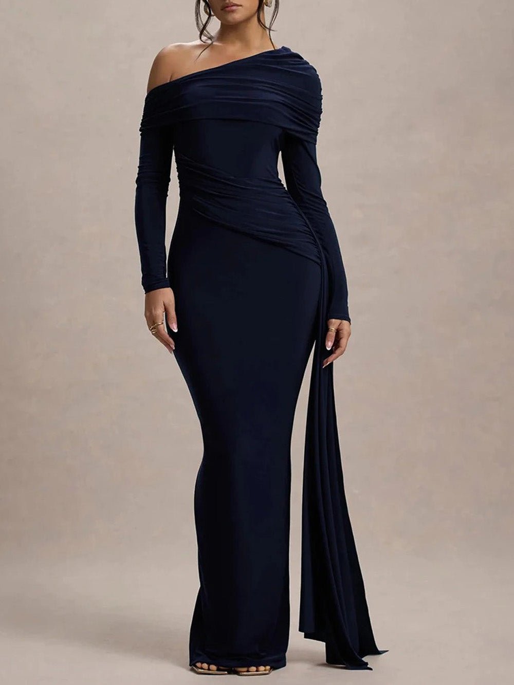 One Shoulder Long Sleeve Ruched Draped Bodycon Maxi Gown in Blue