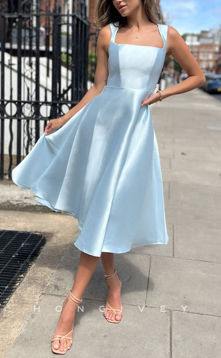 L2940 - Elegant Satin A-Line Square Sleeveless Party Prom Evening Dress - Fashionpara