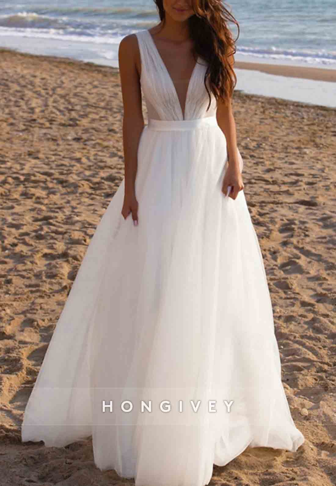Low V-Neck Sleeveless Cap Straps A-Line Tulle V Back Wedding Dresses