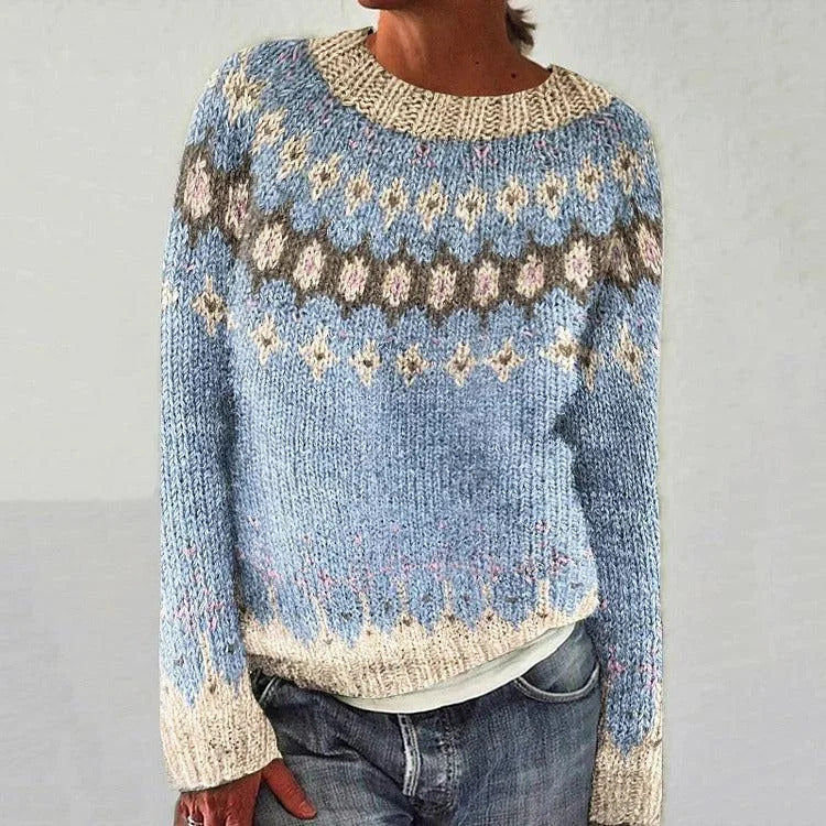 Crew Neck Long Sleeve Fair Isle Knit Sweater