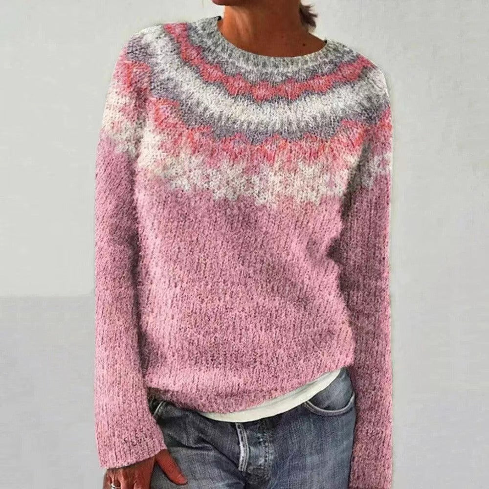 Crew Neck Long Sleeve Fair Isle Knit Sweater 9