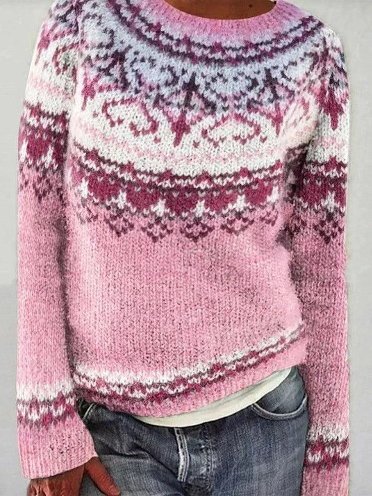 Crew Neck Long Sleeve Fair Isle Knit Sweater 8