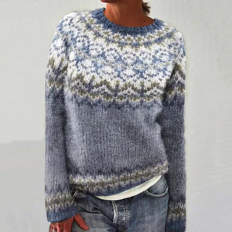 Crew Neck Long Sleeve Fair Isle Knit Sweater 6