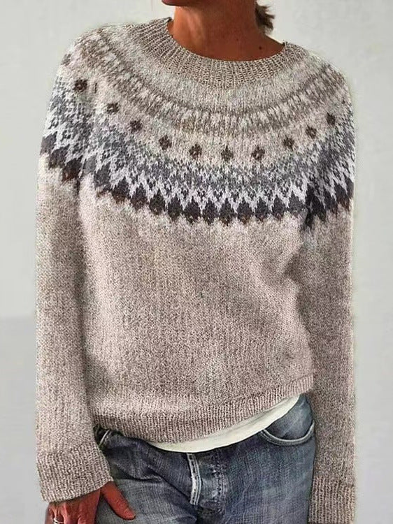Crew Neck Long Sleeve Fair Isle Knit Sweater 5