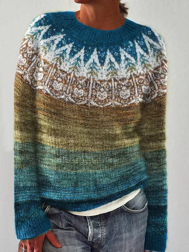 Crew Neck Long Sleeve Fair Isle Knit Sweater 4