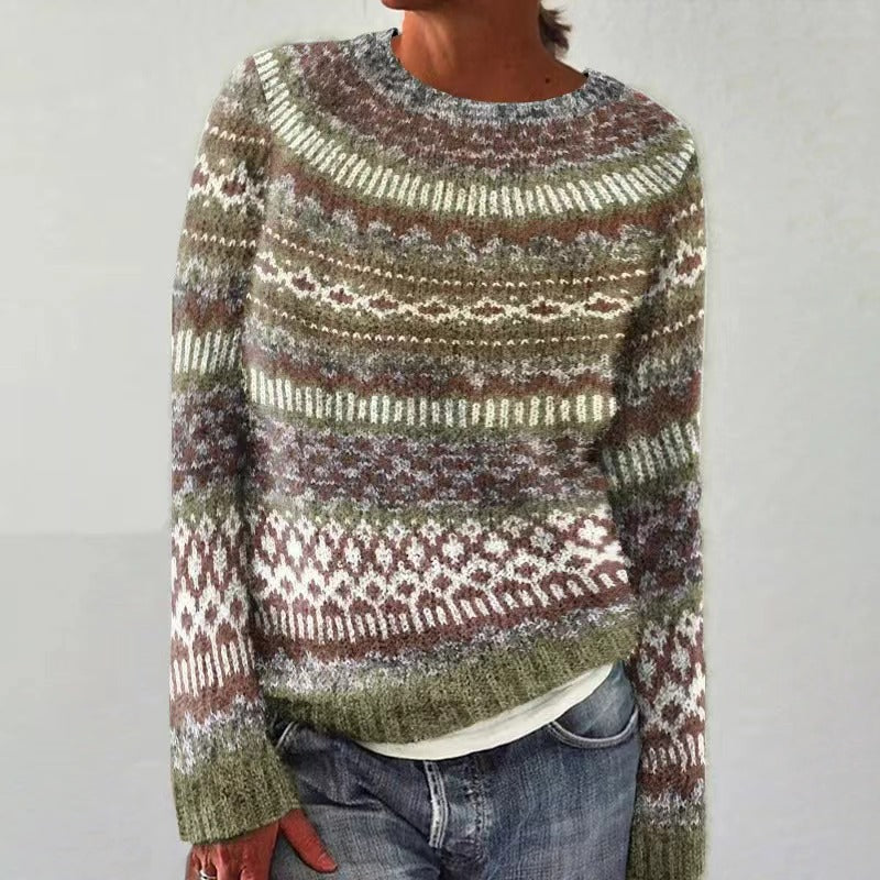 Crew Neck Long Sleeve Fair Isle Knit Sweater 3