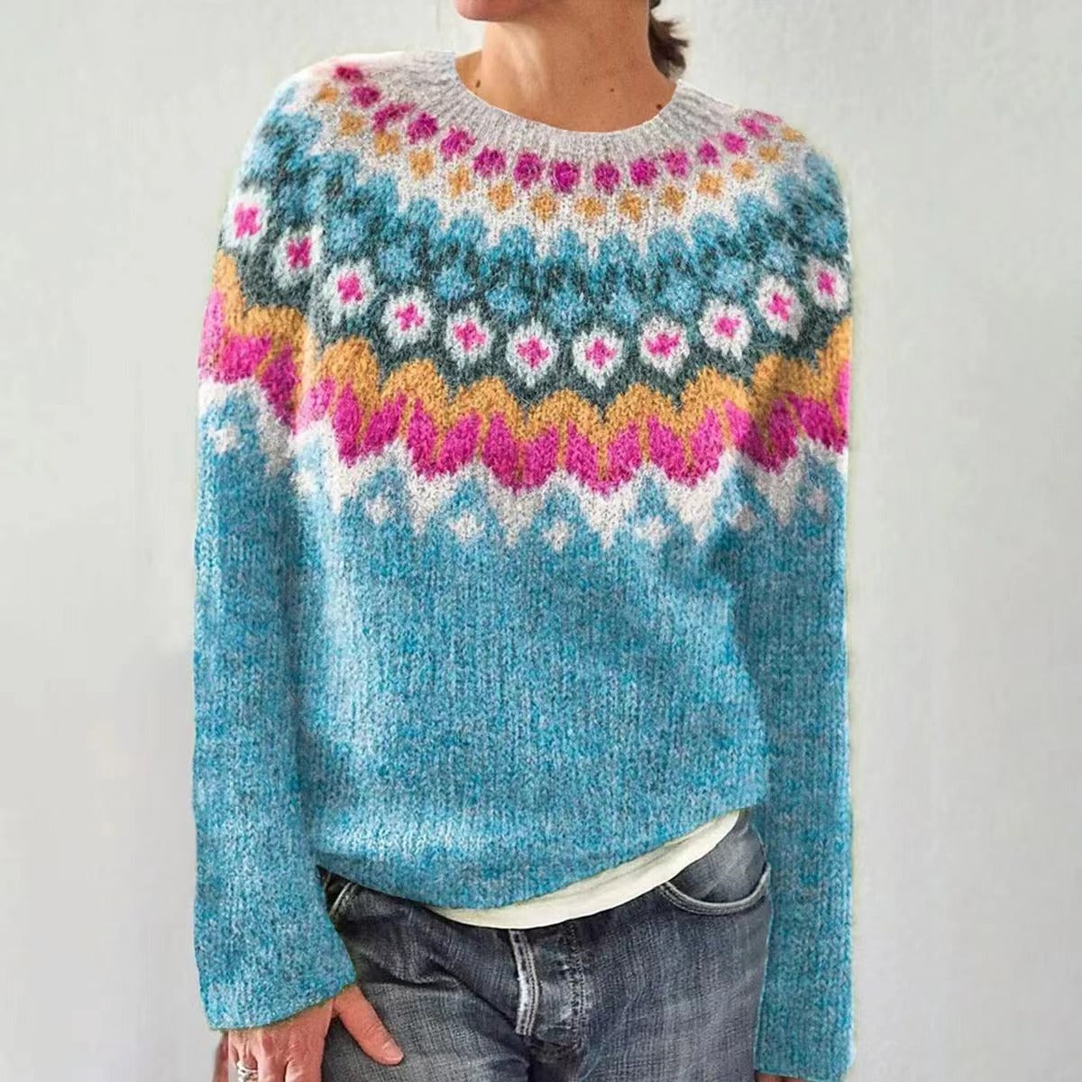 Crew Neck Long Sleeve Fair Isle Knit Sweater 2