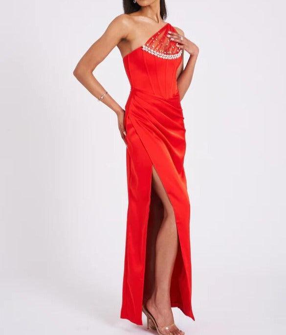 Kasey Crystal Embellished Mesh Satin Corset Gown - Fashionpara